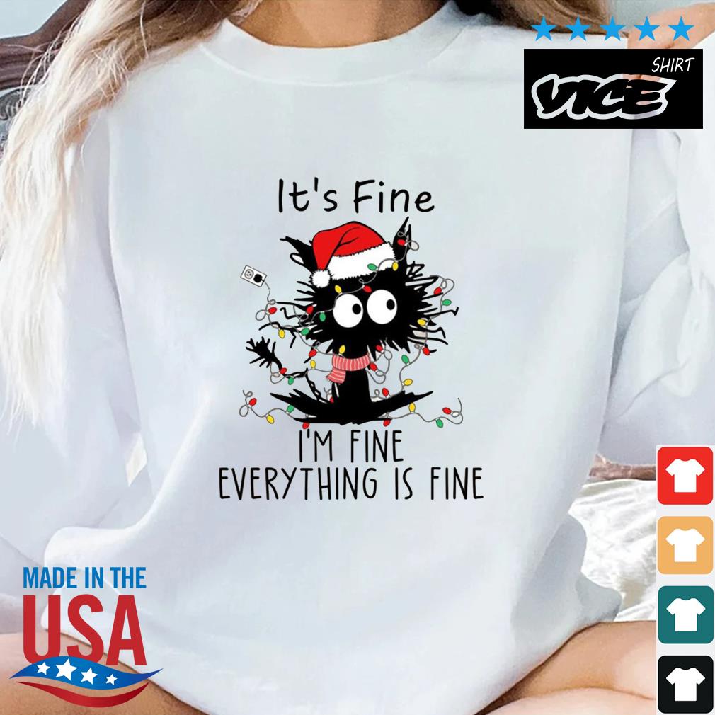 Santa Black Cat Light I'm Fine Everything Is Fine Christmas Sweater