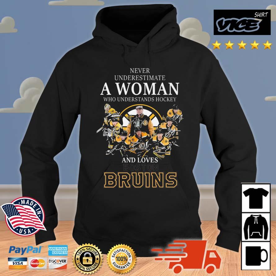 Never Underestimate A Woman Who Understands Hockey And Loves Boston Bruins Players Signatures Hoodie