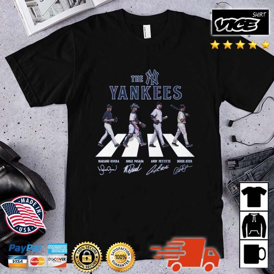 The Yankees Mariano Rivera And Jorge Posada And Andy Pettitte And Derek Jeter Road Abbey Signatures Shirt
