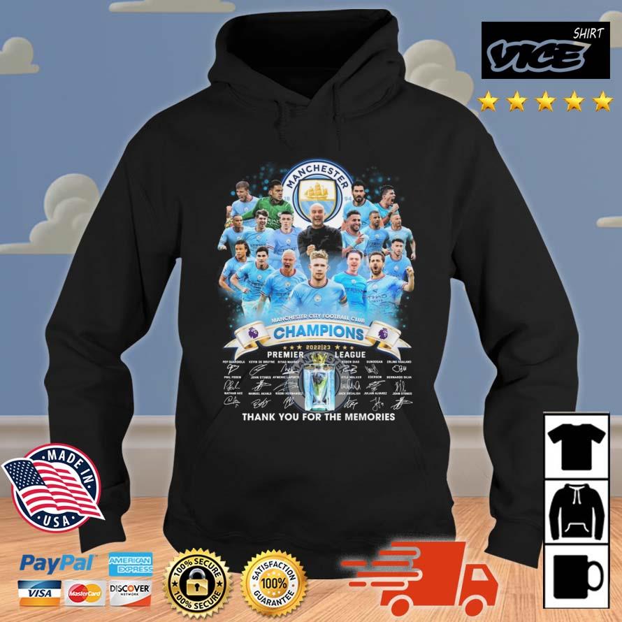 NIce Manchester City Football Club Champions 2022 – 2023 Premier League Thank You For The Memories Signatures Shirt Hoodie