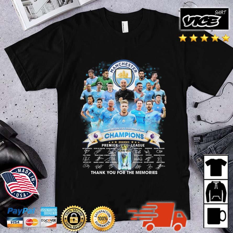 NIce Manchester City Football Club Champions 2022 – 2023 Premier League Thank You For The Memories Signatures Shirt
